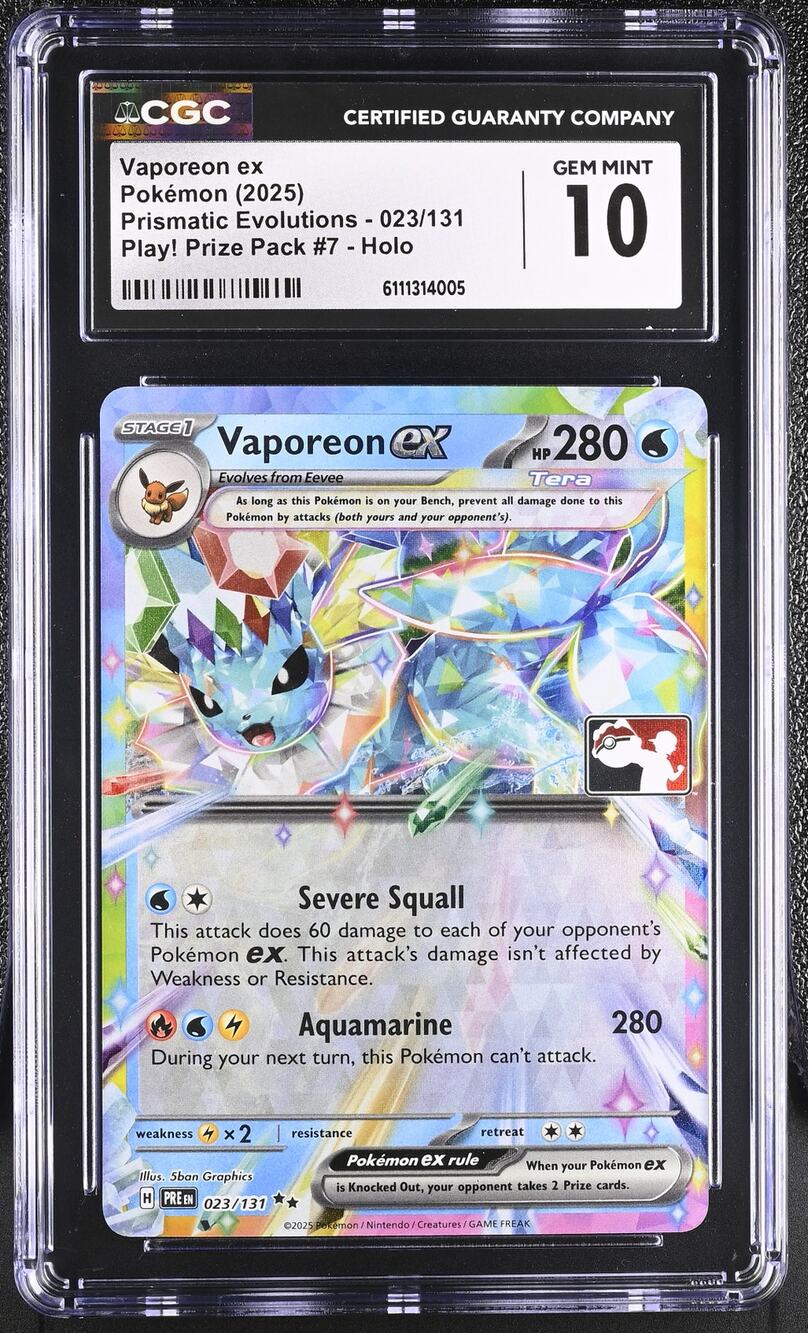 CGC 10 GEM MINT Vaporeon ex 023/131 Play! Prize Pack #7 Prismatic Evolutions